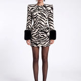 Zebra-Print Faux-Fur-Detail Jacket