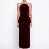 Burgundy Velvet Bodycon Midi Dress - Burgundy - Souvie