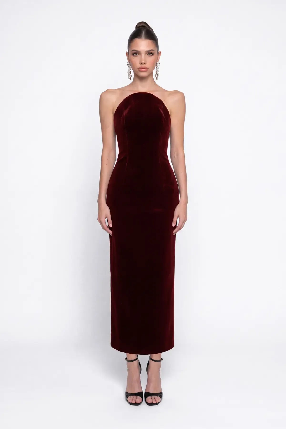 Burgundy Velvet Bodycon Midi Dress - Burgundy - Souvie