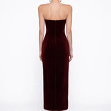 Bordo Kadife Bodycon Midi Elbise - Bordo - Souvie
