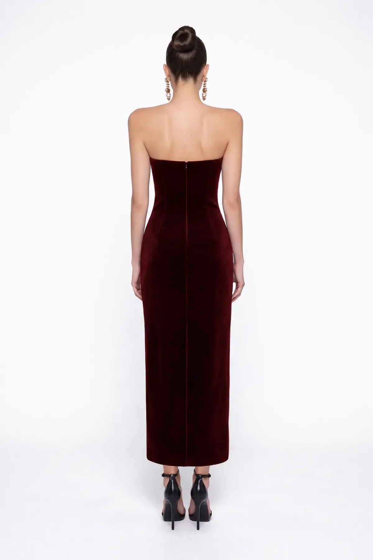 Bordo Kadife Bodycon Midi Elbise - Bordo - Souvie