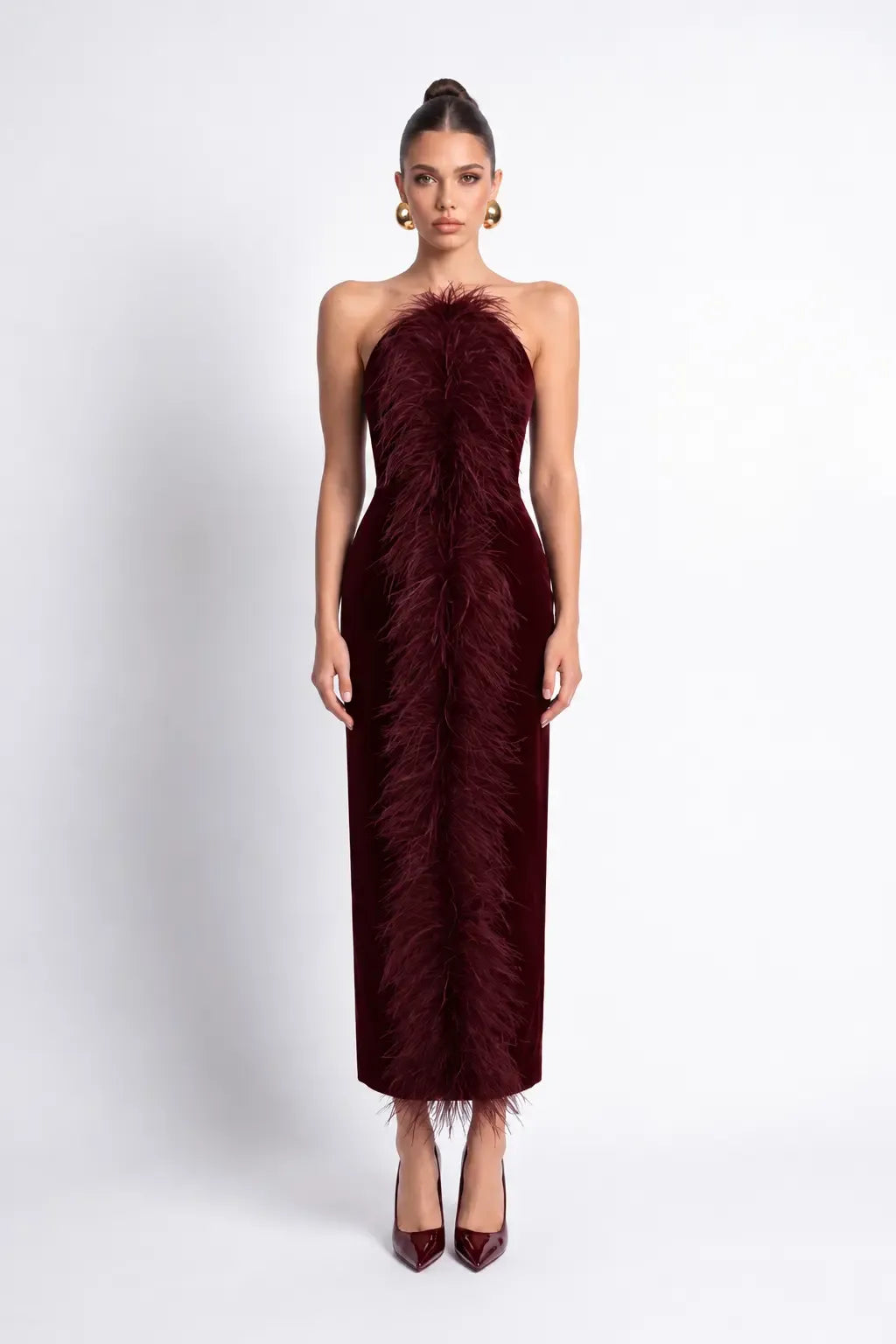 Burgundy Velvet Bodycon Midi Dress with Feather Detail - Burgundy - Souvie