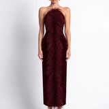Burgundy Velvet Bodycon Midi Dress with Feather Detail - Burgundy - Souvie