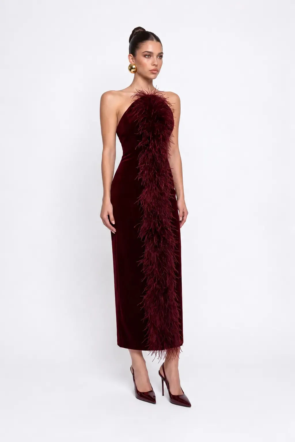 Bordo Tüy Detayli Kadife Bodycon Midi Elbise - Bordo - Souvie