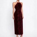 Bordo Tüy Detayli Kadife Bodycon Midi Elbise - Bordo - Souvie