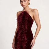 Bordo Tüy Detayli Kadife Bodycon Midi Elbise - Bordo - Souvie