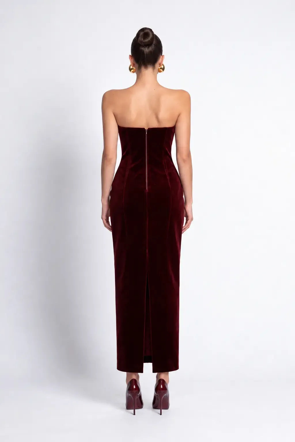 Bordo Tüy Detayli Kadife Bodycon Midi Elbise - Bordo - Souvie