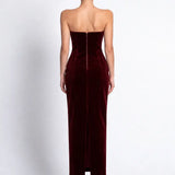 Bordo Tüy Detayli Kadife Bodycon Midi Elbise - Bordo - Souvie