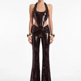 Brown Cut-Out Sequin Jumpsuit - Brown - Souvie