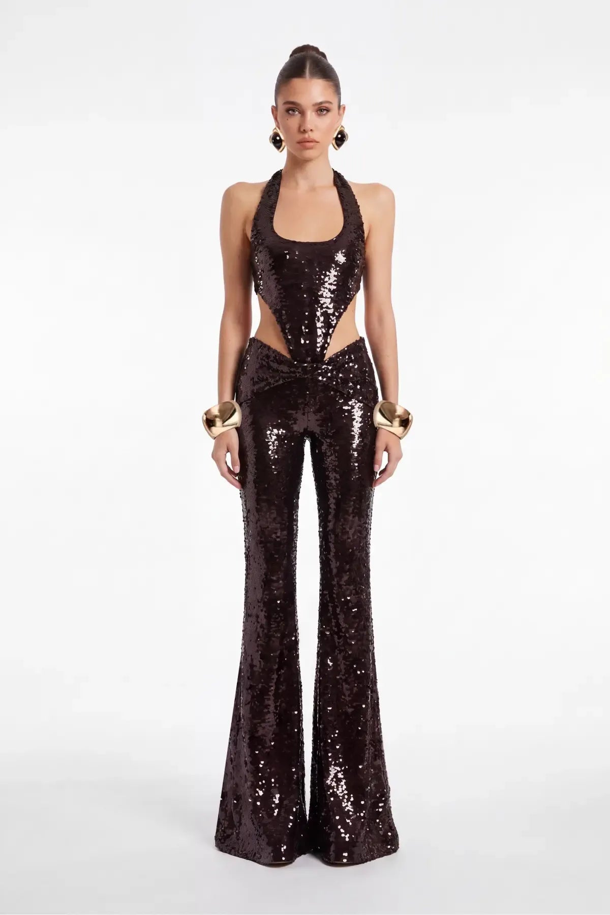 Brown Cut-Out Sequin Jumpsuit - Brown - Souvie