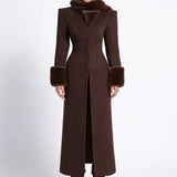 Brown Wool-Blend Coat with Faux-Fur Scarf Detail - Brown - Souvie