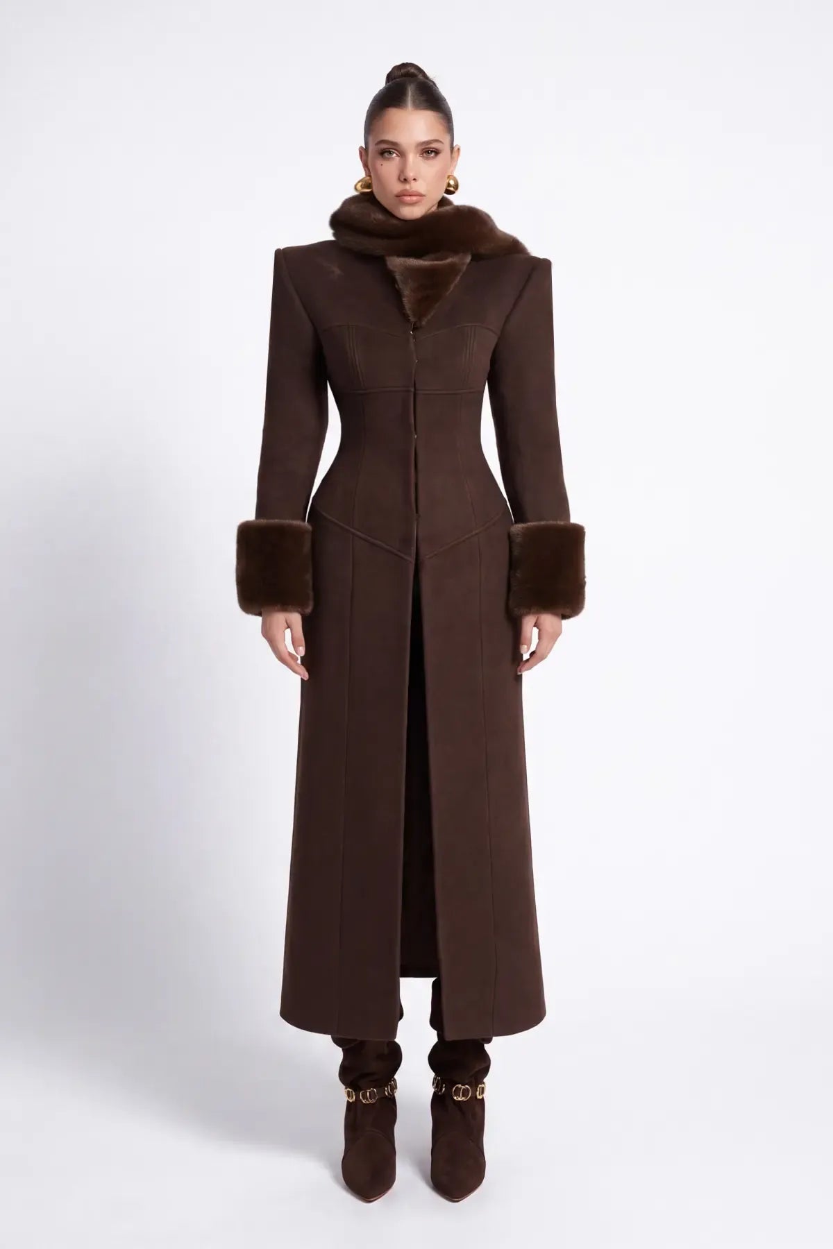 Brown Wool-Blend Coat with Faux-Fur Scarf Detail - Brown - Souvie