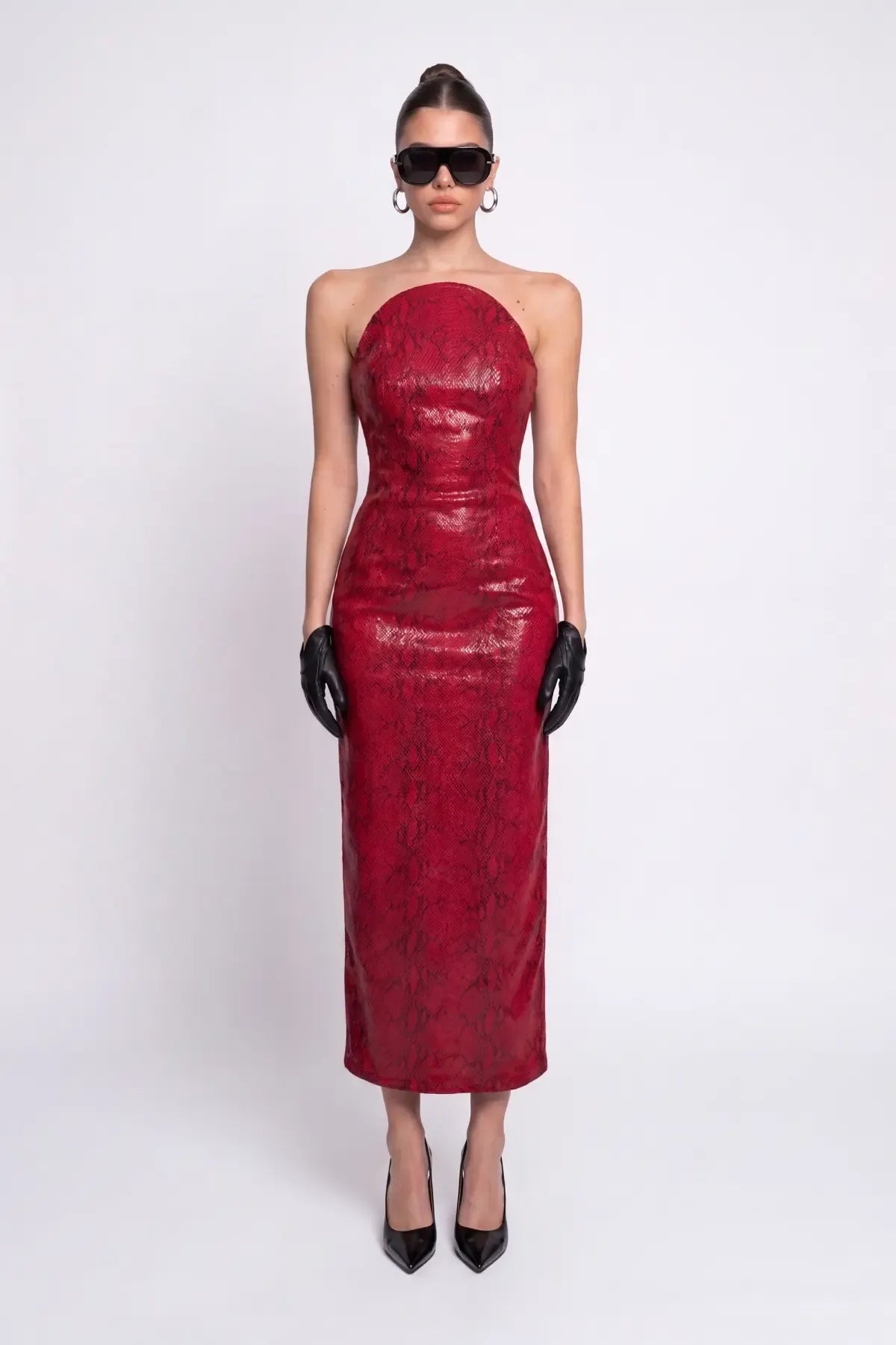 Red Python-Texture Midi Bodycon Dress - Red - Souvie