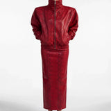 Red Python-Texture Leather Jacket - Red - Souvie