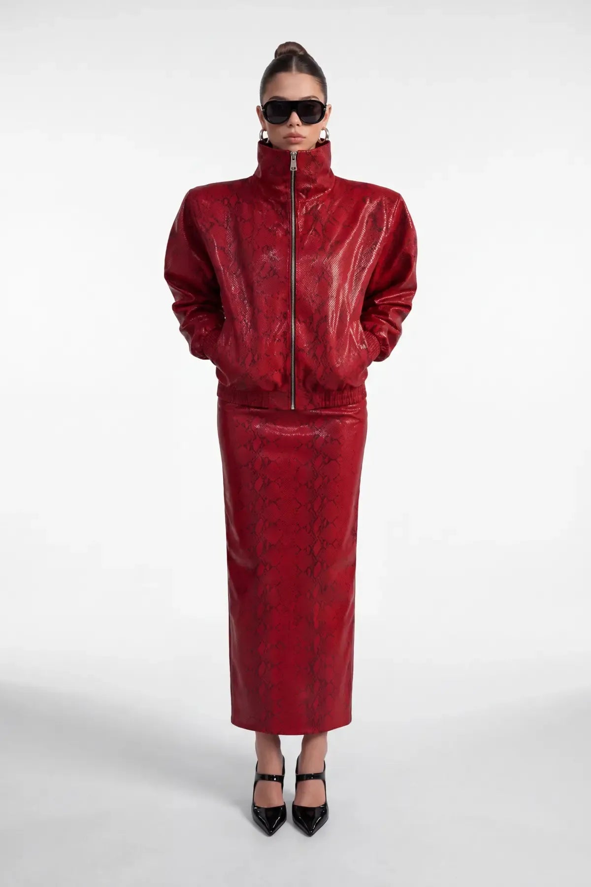 Red Python-Texture Leather Jacket - Red - Souvie