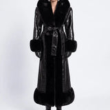 Crocodile-Texture Leather Jacket with Faux-Fur Detail - Black - Souvie