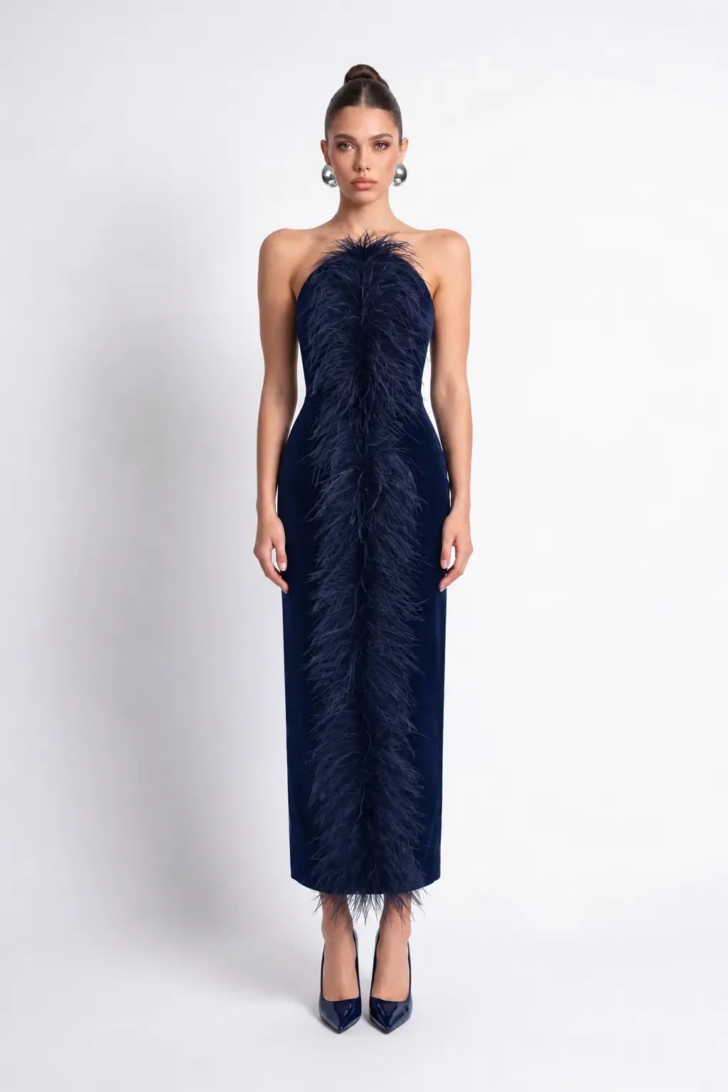 Navy Velvet Midi Dress with Feather Detail - Navy - Souvie