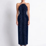 Navy Velvet Midi Dress with Feather Detail - Navy - Souvie