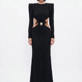 Black Cut-Out Maxi Dress with Velvet Trim - Black - Souvie