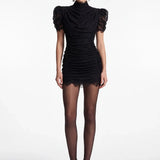 Black Draped Lace Mini Dress - Black - Souvie
