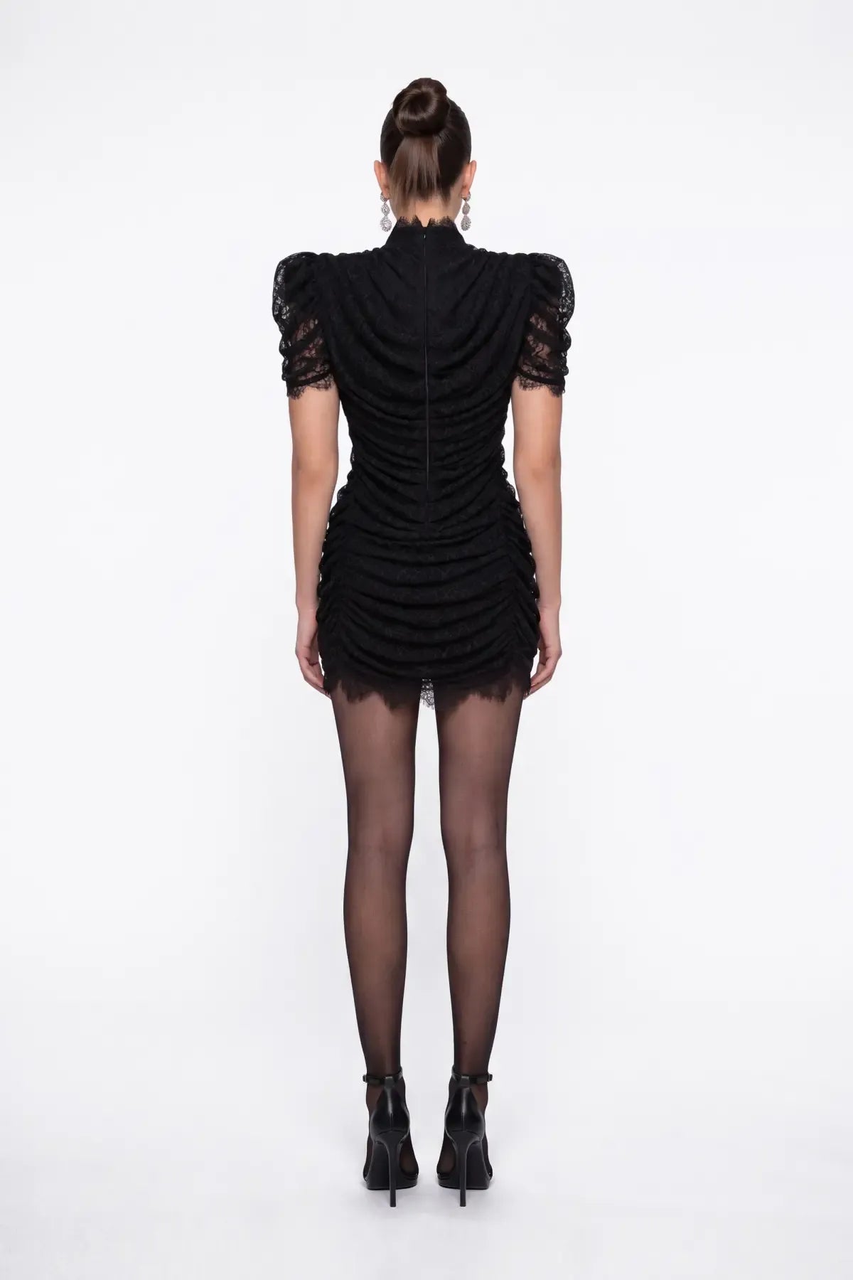 Siyah Dantel Drapeli Mini Elbise - Siyah - Souvie