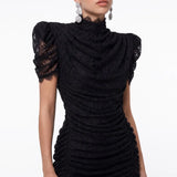 Siyah Dantel Drapeli Mini Elbise - Siyah - Souvie