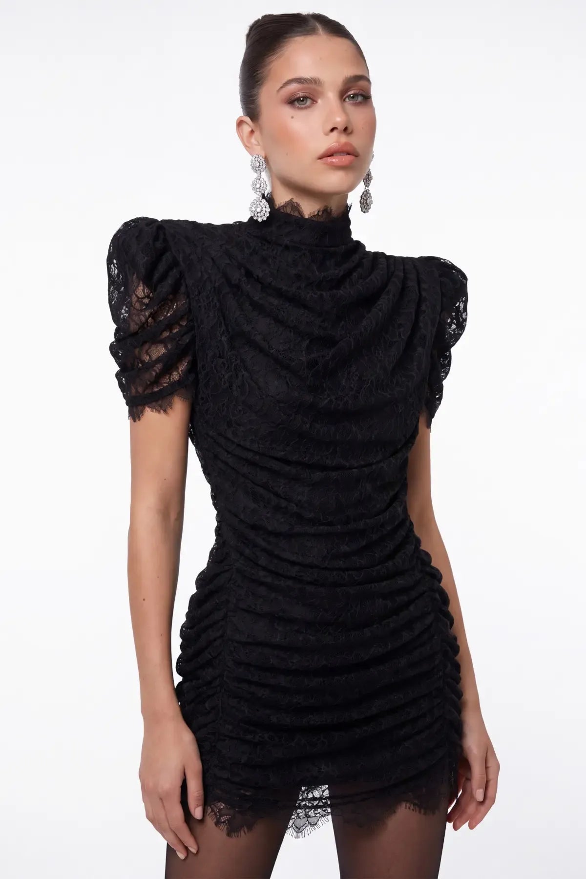 Siyah Dantel Drapeli Mini Elbise - Siyah - Souvie
