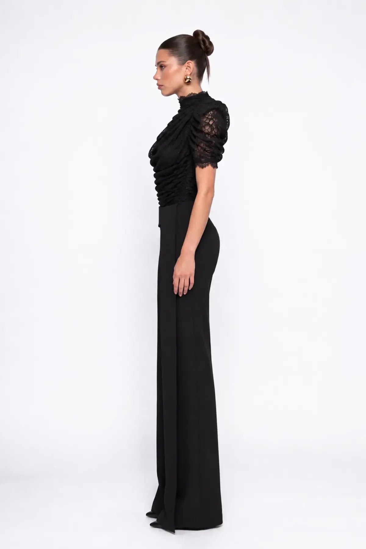 Siyah Drapeli Dantel Body - Siyah - Souvie