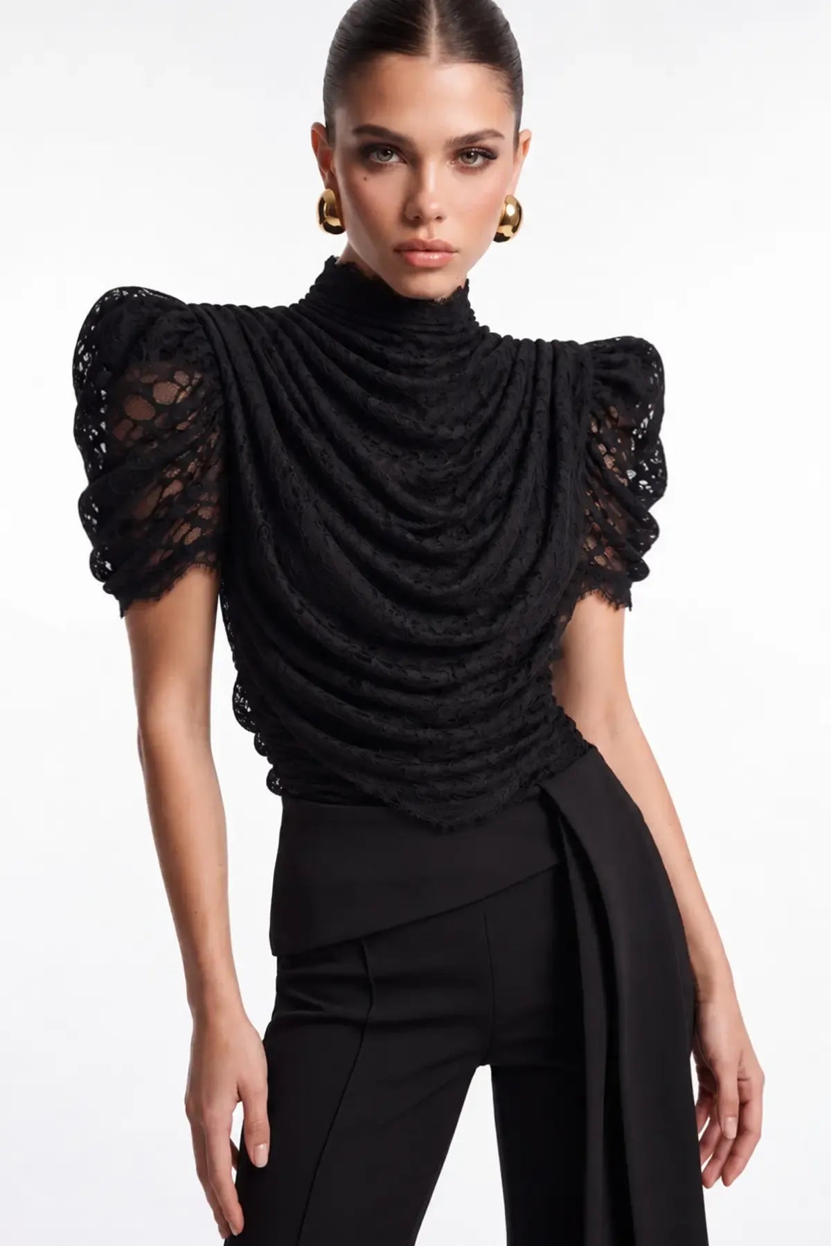 Siyah Drapeli Dantel Body - Siyah - Souvie