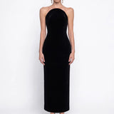 Black Velvet Midi Bodycon Dress - Black - Souvie