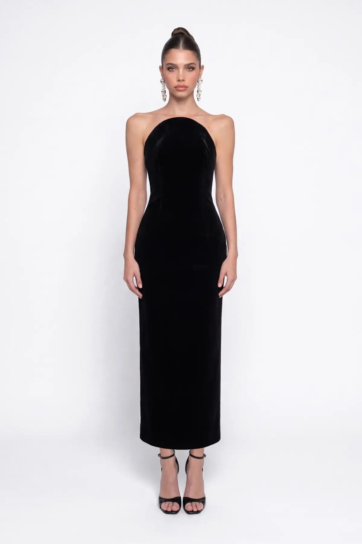 Black Velvet Midi Bodycon Dress - Black - Souvie