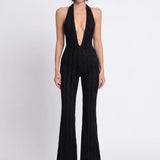 Black V-Neck Jumpsuit with Velvet Trim - Black - Souvie