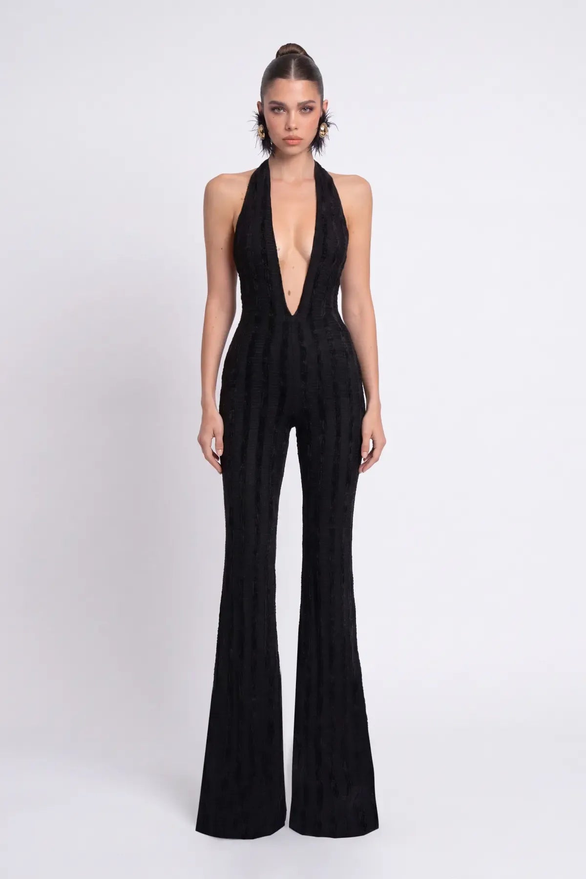 Black V-Neck Jumpsuit with Velvet Trim - Black - Souvie