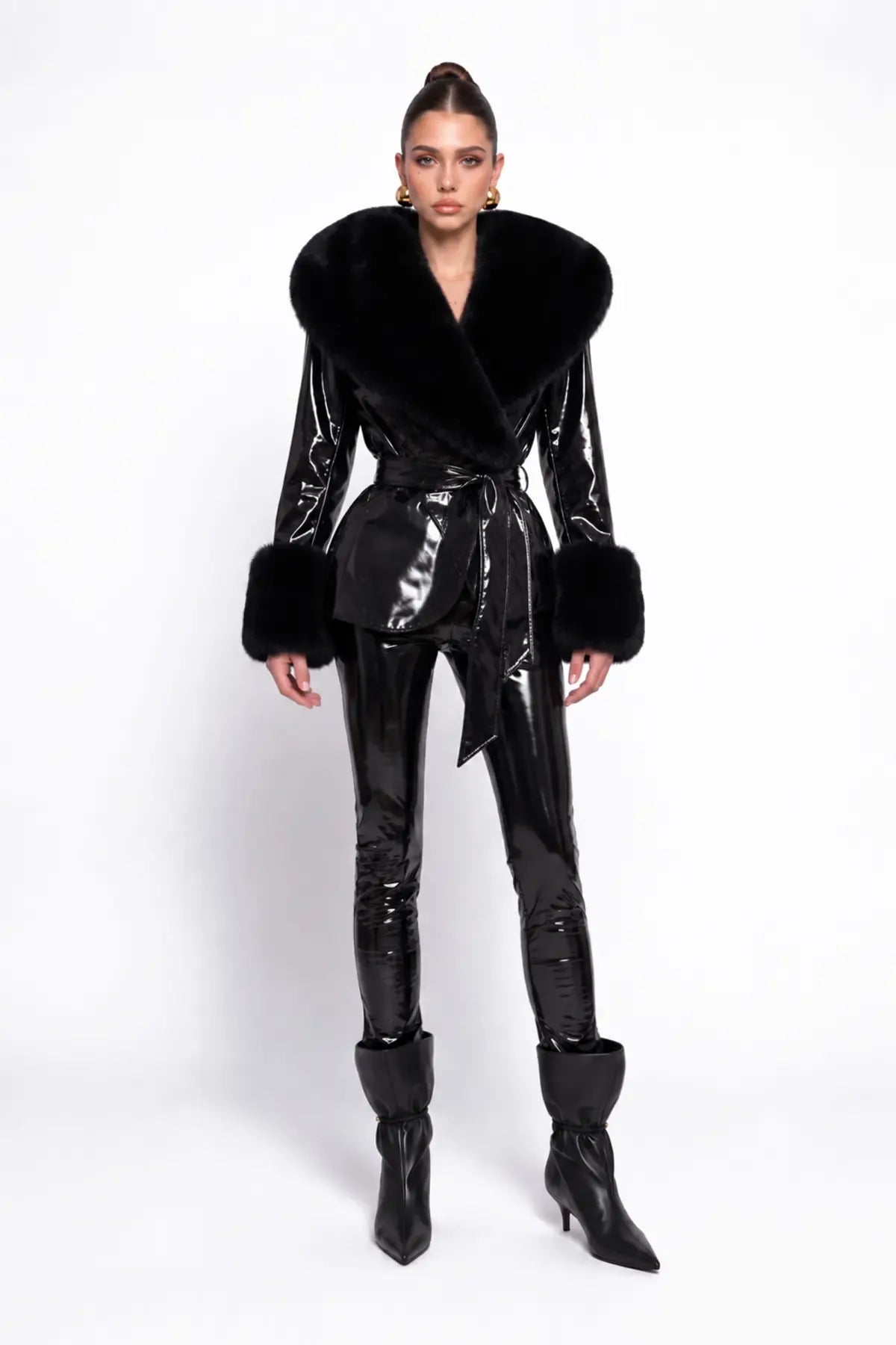 Black Patent Leather Jacket with Faux-Fur Detail - Black - Souvie