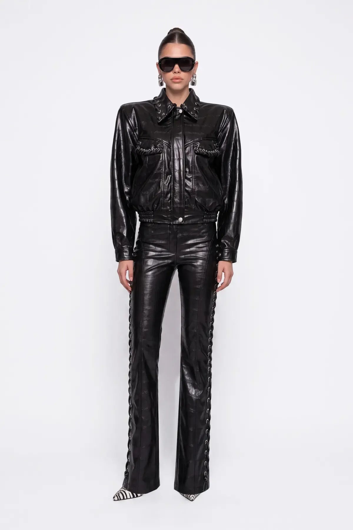 Black Eyelet-Detail Crocodile-Texture Trousers - Black - Souvie