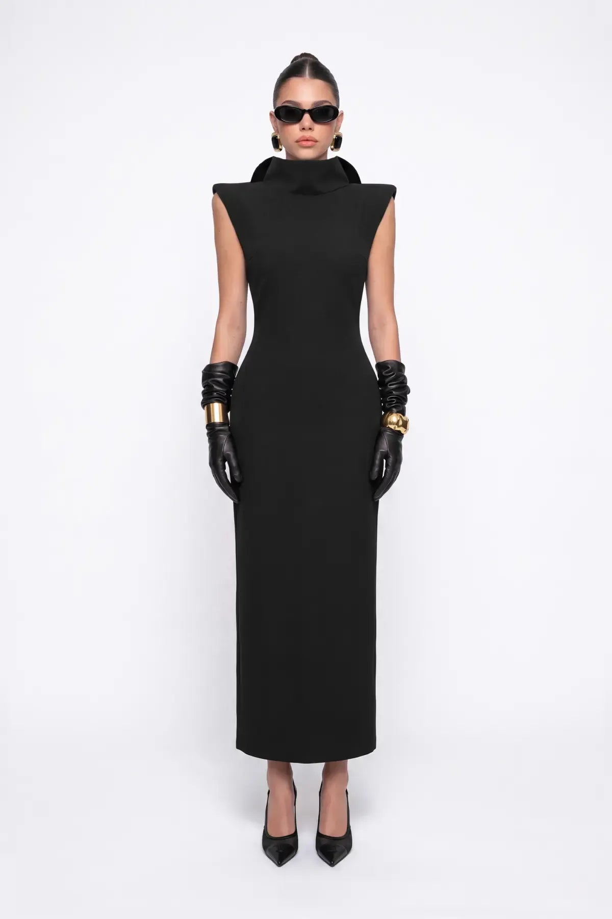 Black Open-Back Crepe Midi Dress - Black - Souvie