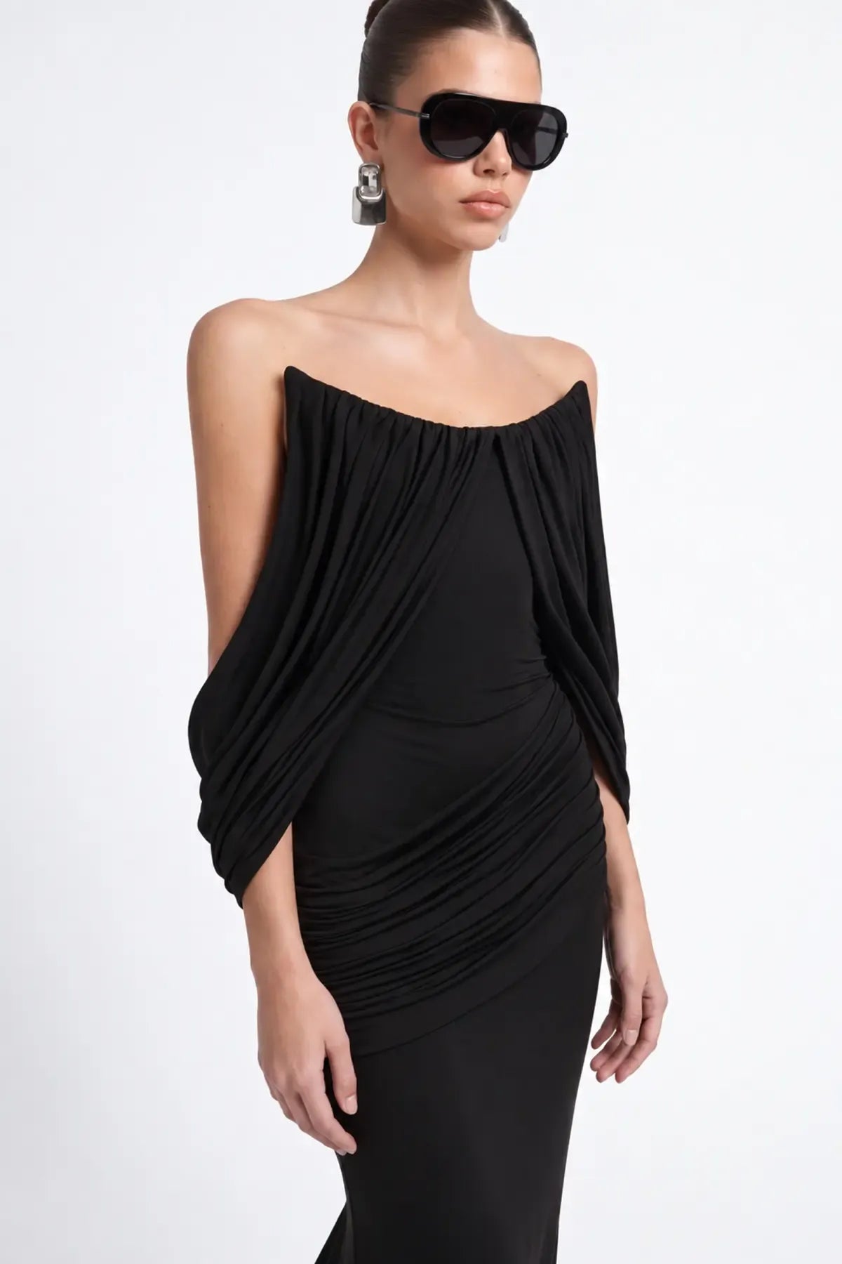 Siyah Straplez Drapeli Jarse Maxi Elbise - Siyah - Souvie