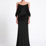 Black Strapless Draped Jersey Maxi Dress - Black - Souvie