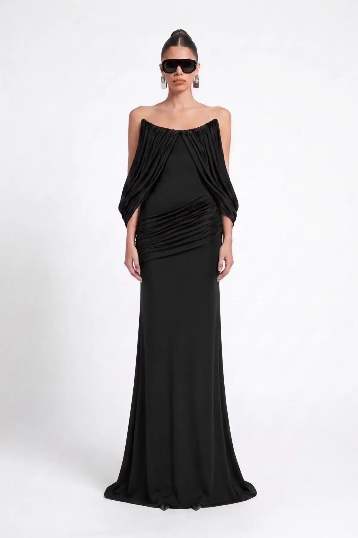 Black Strapless Draped Jersey Maxi Dress - Black - Souvie