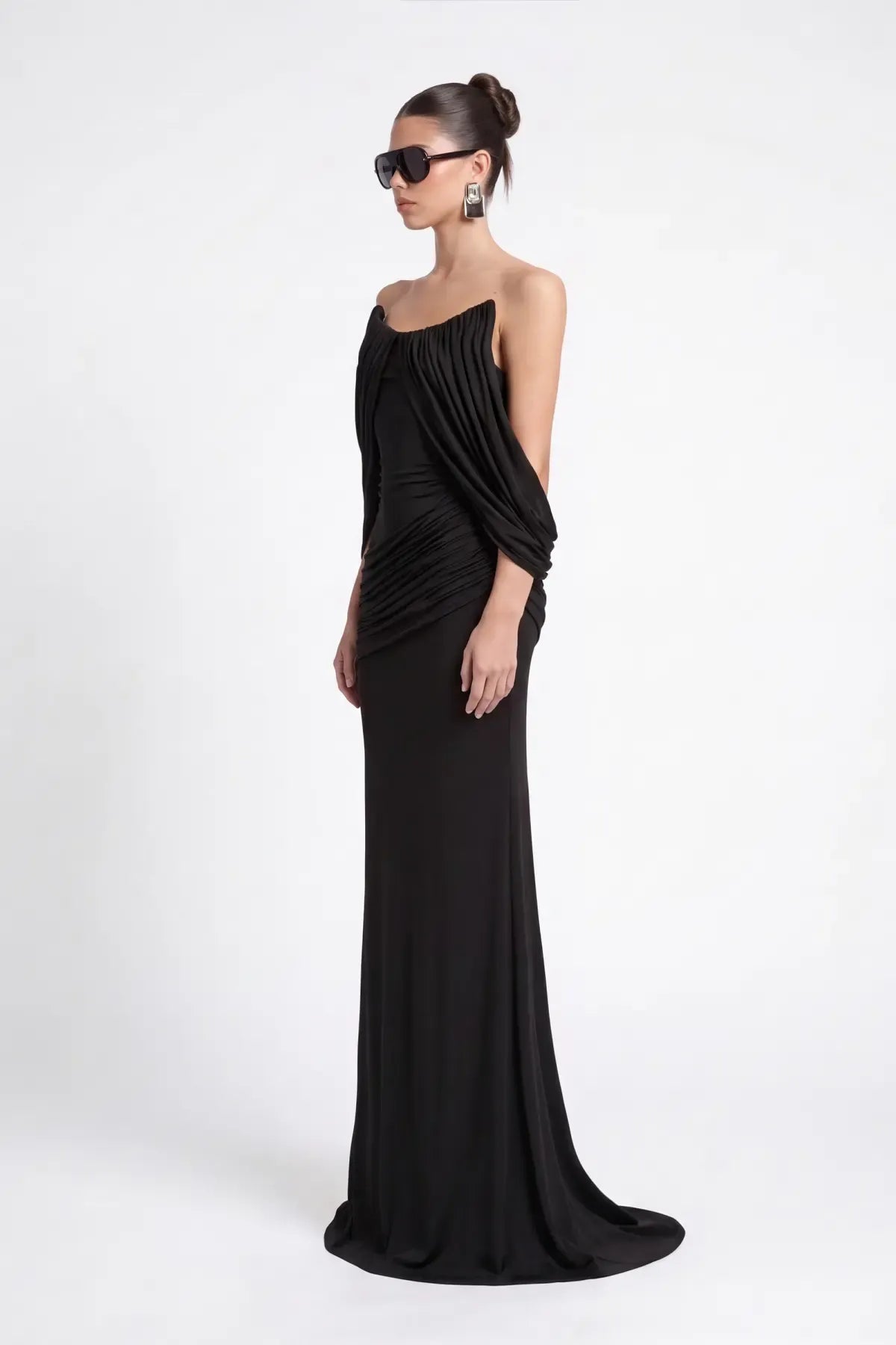 Siyah Straplez Drapeli Jarse Maxi Elbise - Siyah - Souvie