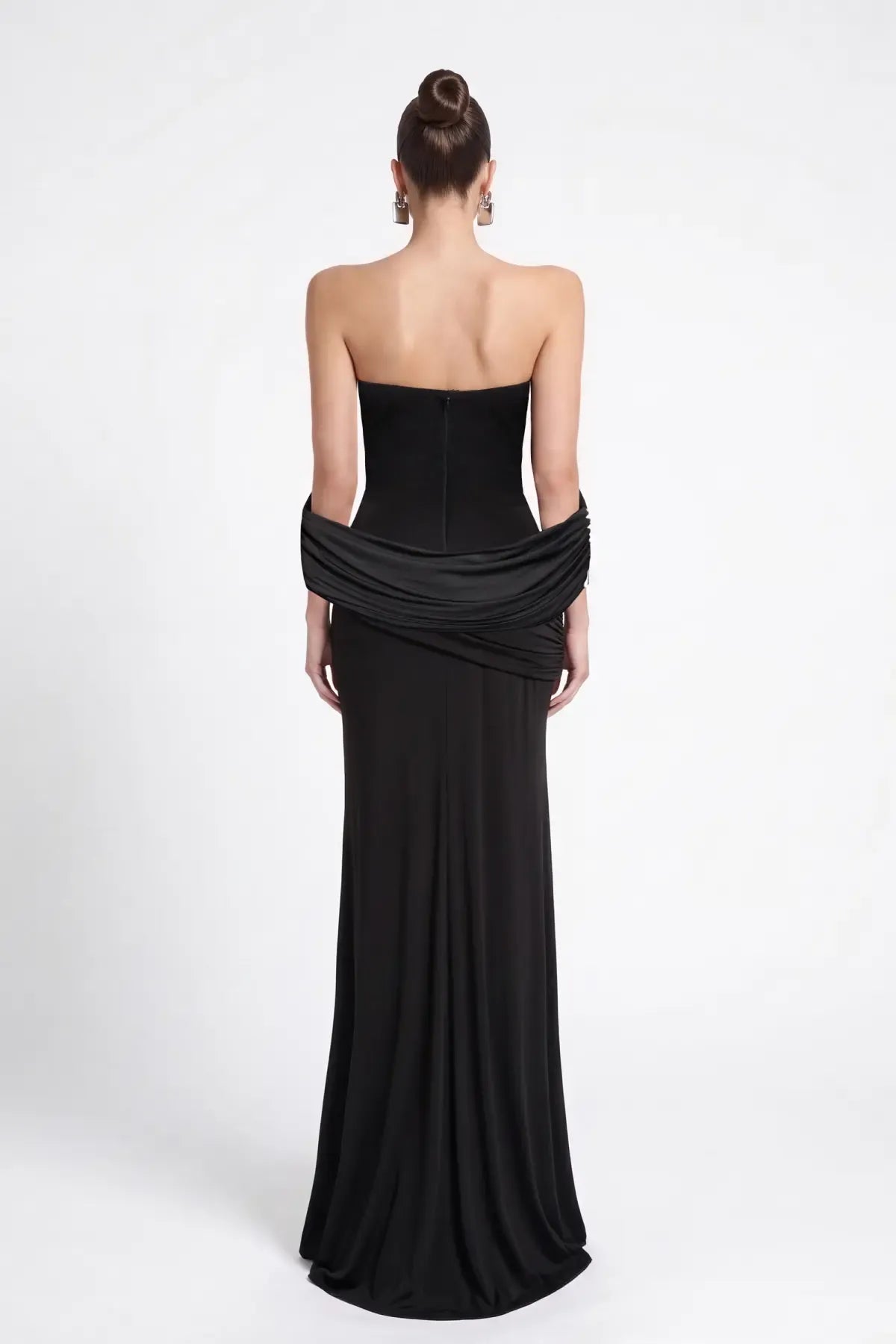 Siyah Straplez Drapeli Jarse Maxi Elbise - Siyah - Souvie