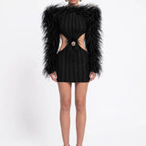 Black Feather-Detail Cut-Out Mini Dress with Velvet Trim - Black - Souvie