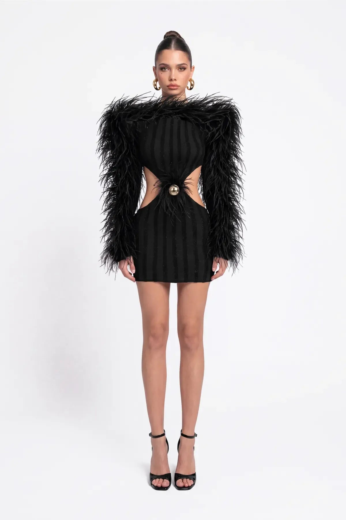 Black Feather-Detail Cut-Out Mini Dress with Velvet Trim - Black - Souvie