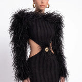 Siyah Tüy Detayli Cut-out Kadife Şeritli Mini Elbise - Siyah - Souvie