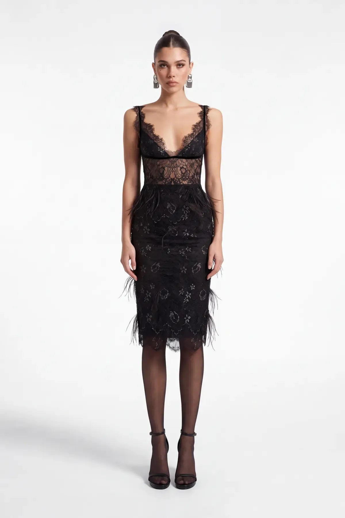 Black Feather-Detail Lace Skirt - Black - Souvie
