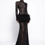 Black Lace Maxi Dress with Feather Detail - Black - Souvie