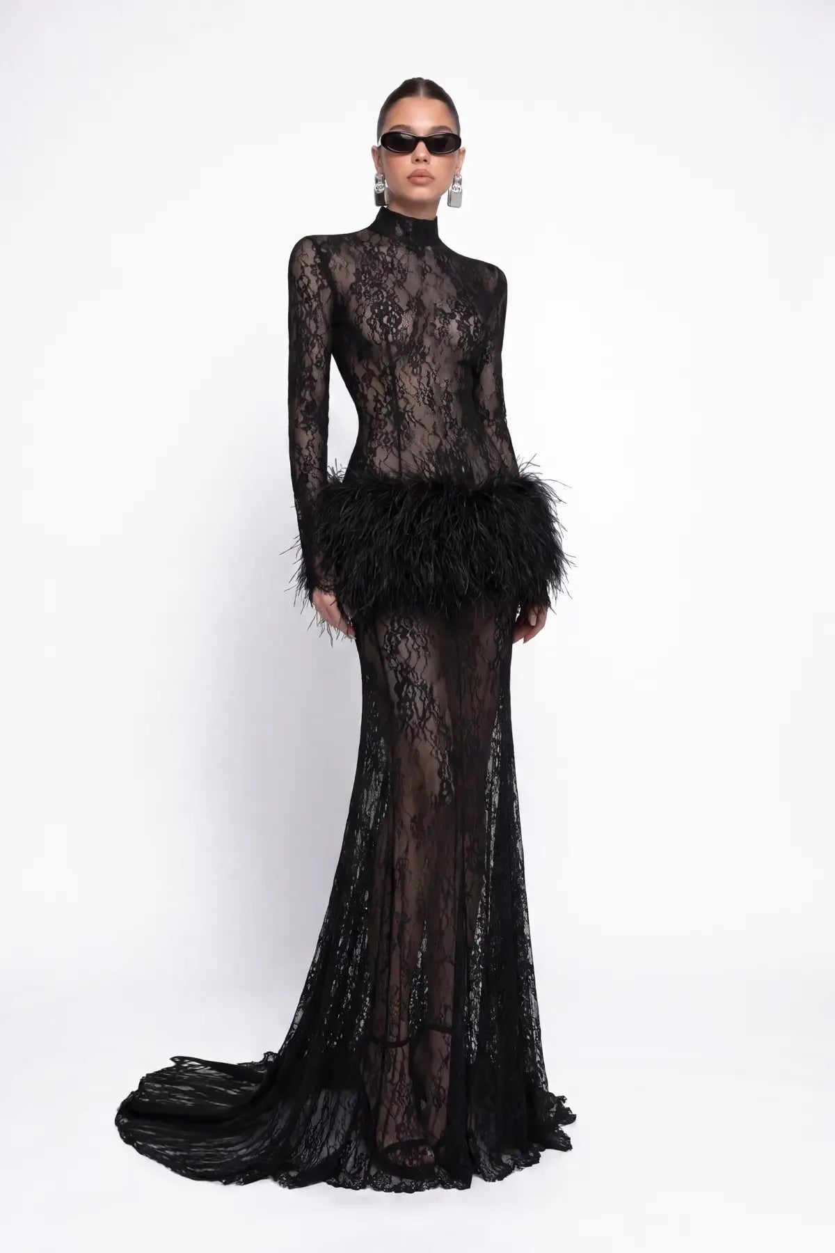 Black Lace Maxi Dress with Feather Detail - Black - Souvie