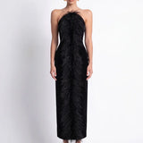 Black Velvet Bodycon Midi Dress with Feather Detail - Black - Souvie