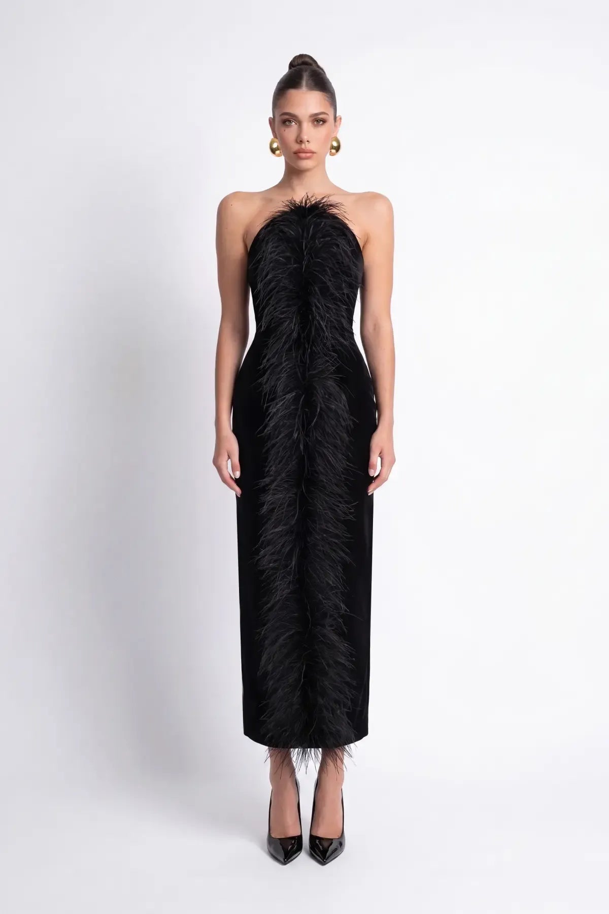 Black Velvet Bodycon Midi Dress with Feather Detail - Black - Souvie