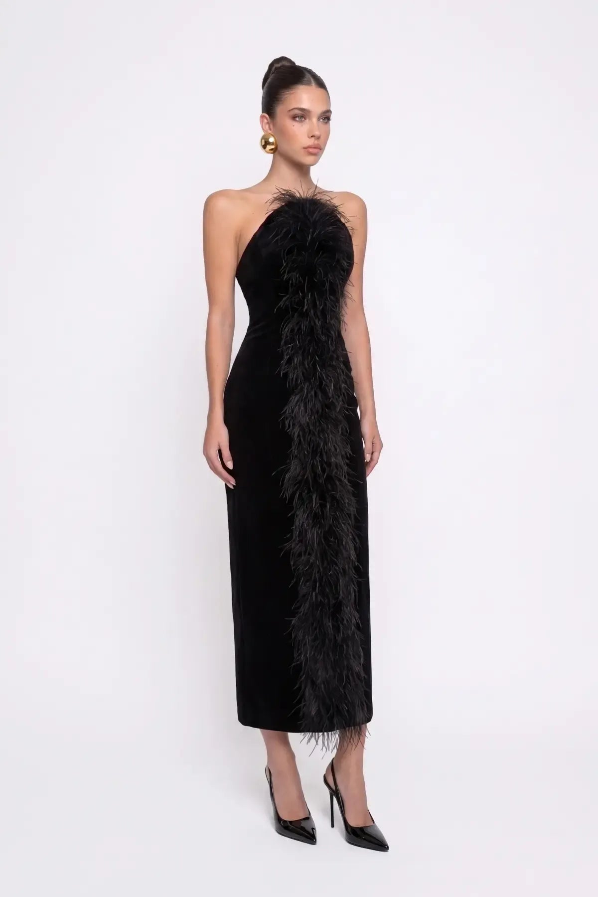 Siyah Tüy Detayli Kadife Bodycon Midi Elbise - Siyah - Souvie